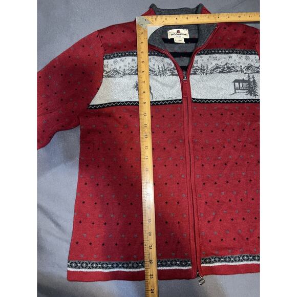 Woolrich Sweater Womens Size L Red Cabin Forest Moose Winter Scene Zip Cardigan - Picture 9 of 11